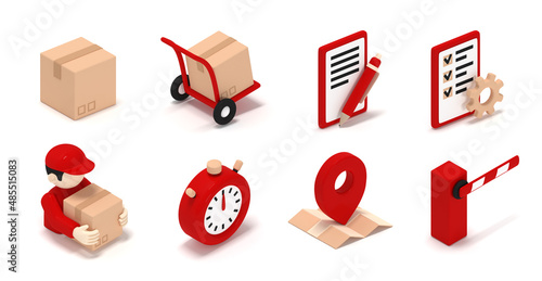 Set of isometric icons for international shipping. 3d rendering.