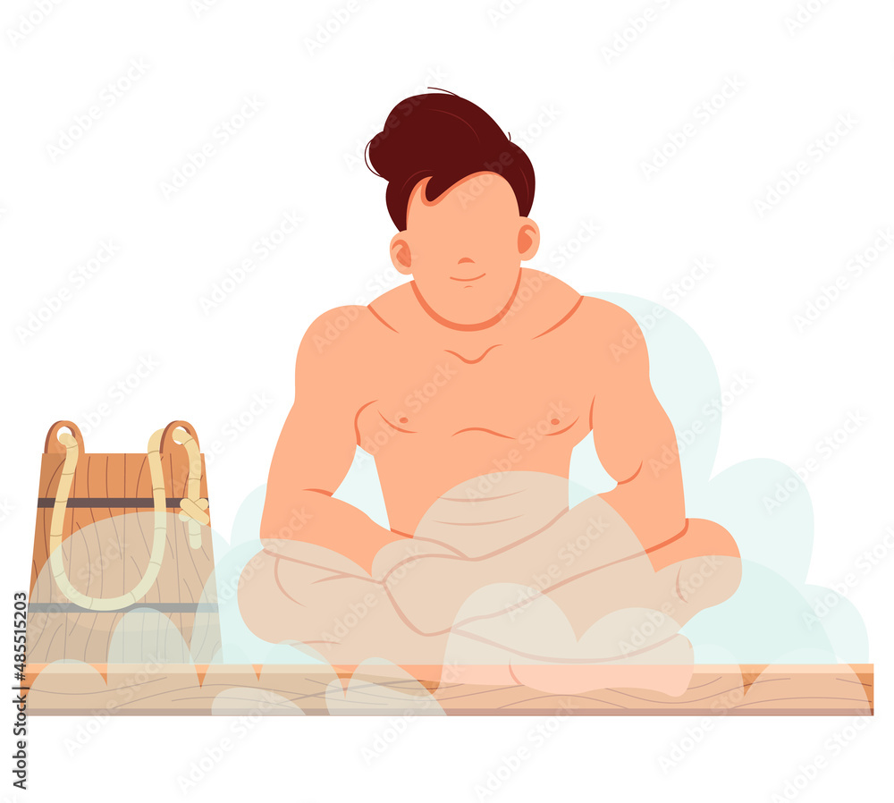 Man sitting and relaxing in sauna isolated on white. Bathhouse or banya. Wellness spa procedures. Male character in hot steam bath resting alone. Person takes care of health, enjoys in steam-room Man sitting and relaxing in sauna isolated on white. Bathhouse or banya. Wellness spa procedures. Male character in hot steam bath resting alone. Person takes care of health, enjoys in steam-room