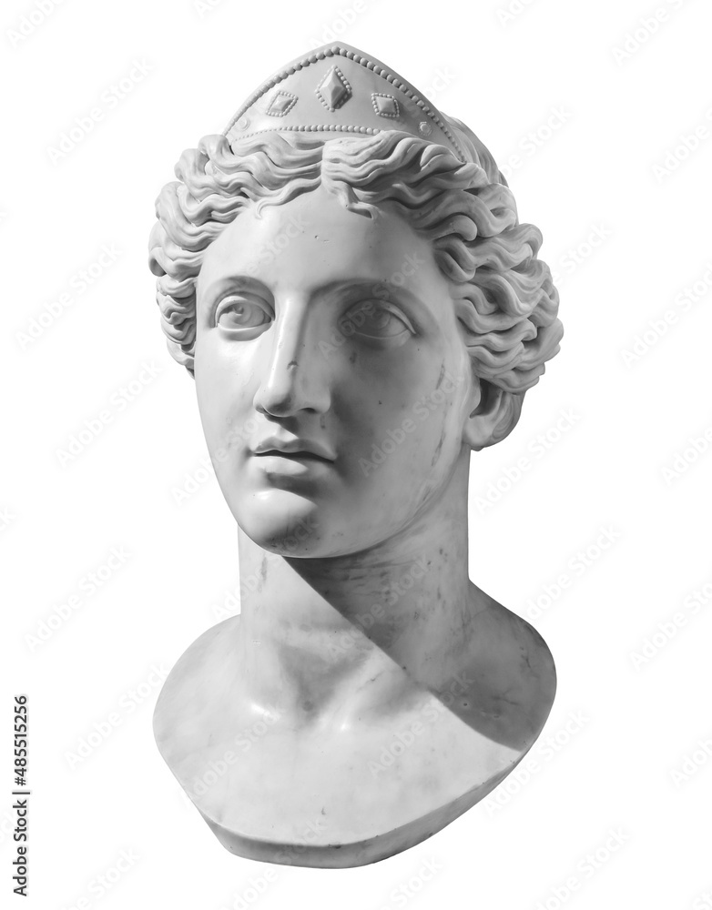 Gypsum copy of ancient statue Venus head isolated on white background. Plaster sculpture woman face Gypsum copy of ancient statue Venus head isolated on white background. Plaster sculpture woman face