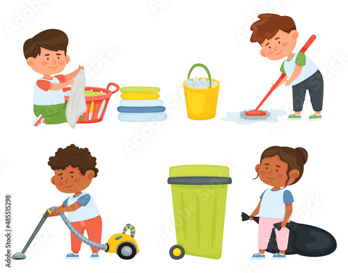 Cartoon children doing housework. Boys and girl helping parents with laundry, washing and vacuuming floor and taking out garbage. Characters doing cleanup or household chores vector