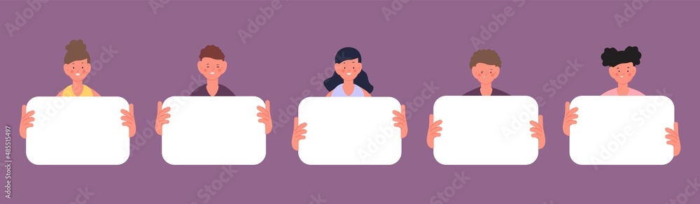 Children holding empty white banners. Cute cartoon kids with blank cards, cartoon little protest characters. Childish posters vector template for school, study or ad Children holding empty white banners. Cute cartoon kids with blank cards, cartoon little protest characters. Childish posters vector template for school, study or ad