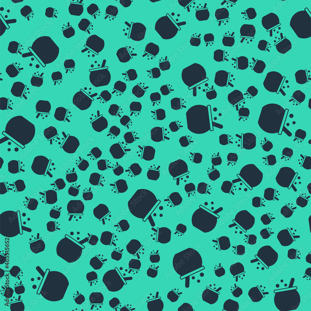 Fototapeta premium Black Halloween witch cauldron icon isolated seamless pattern on green background. Happy Halloween party. Vector
