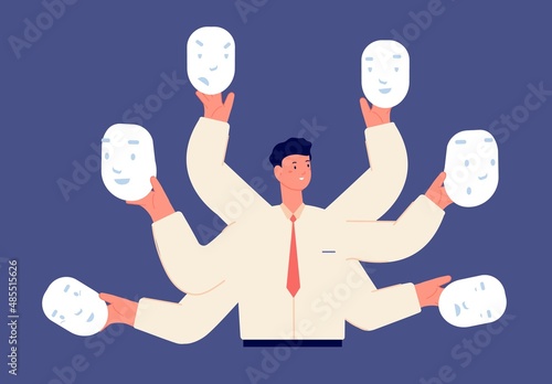 Fake businessman faces. Different mood, liar in business. Office manager choose moods and hold masks in hands, vector illustration