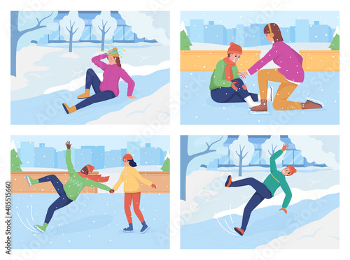 Slipping on ice flat color vector illustration set. Woman hit head. Child bumped knee. Man on ice skates. Falling 2D cartoon characters with winter urban scenery on background collection
