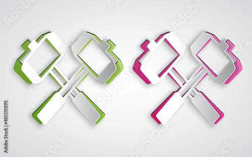 Paper cut Medieval crossed battle hammers icon isolated on grey background. Paper art style. Vector