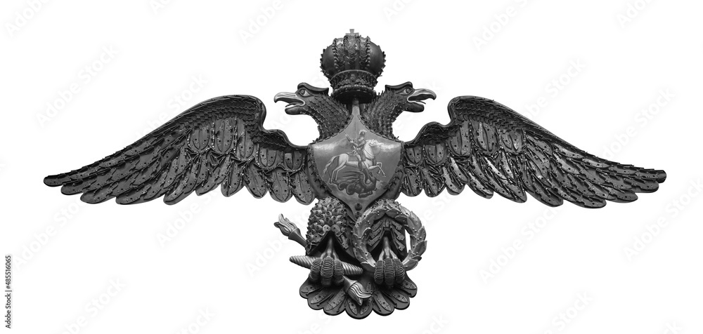 Russian double-headed coat of arms eagle, made from triggers, spherical bullets, and lock planks from flintlocks isolated on white background with clipping path Russian double-headed coat of arms eagle, made from triggers, spherical bullets, and lock planks from flintlocks isolated on white background with clipping path