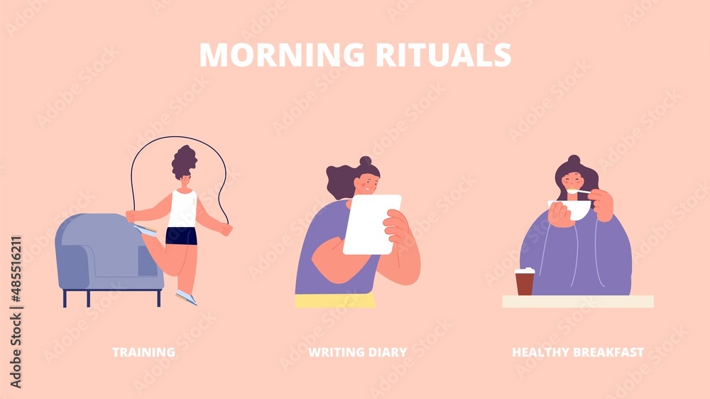 Morning rituals. Training, healthy breakfast and writing diary. Girl started happy day. Woman jump, reading and eat, vector positive info banner