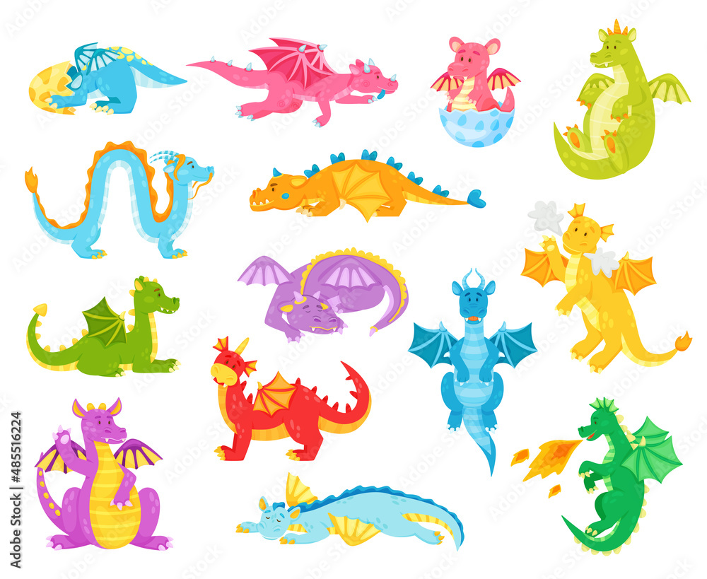 Obraz premium Cartoon dragons, funny fantasy reptiles. Colorful dinos for kids fairytale. Magic characters from medieval mythology or legends breathing fire, flying and sleeping. Cute creatures vector set