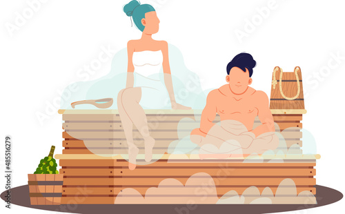 Cartoon people characters taking steam bath together. Flat vector illustration. Woman and man enjoying baths and steam, hammam with sauna whisk. Relax, health, bathhouse concept, wellness procedure