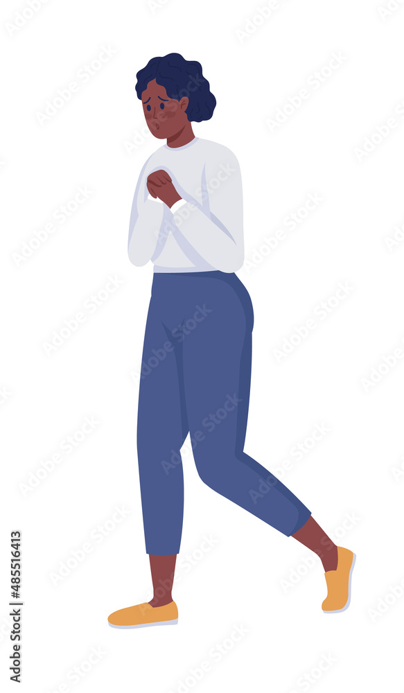 Nervous woman semi flat color vector character. Worried figure. Full body person on white. Common situations isolated modern cartoon style illustration for graphic design and animation