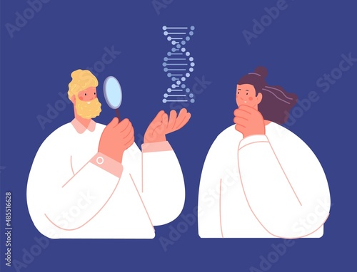 Scientists research DNA spiral. Genetic and chemistry, human molecular biology science. Medical examination, two thoughtful vector characters