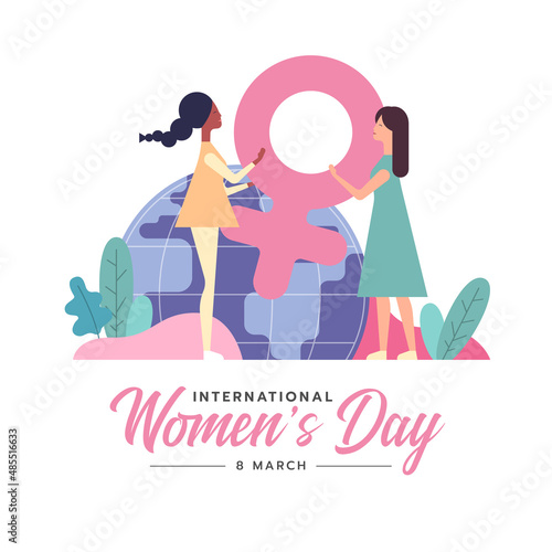international women's day two women raising a female symbol on globle background vector design