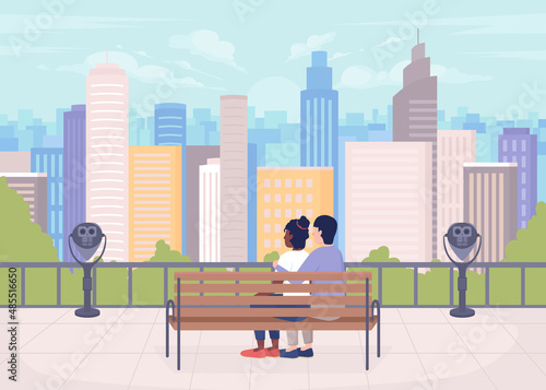 Romantic date spot flat color vector illustration. Open-air observation. Spending time with beloved in daytime. Couple hugging 2D simple cartoon characters with townscape on background