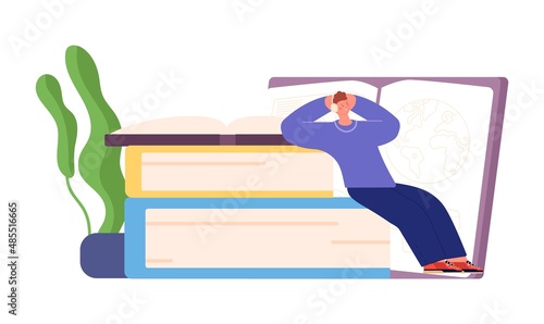Student listen book. Self education, study or learning. Man in headphones relax in positive useful information flow. Online library vector scene