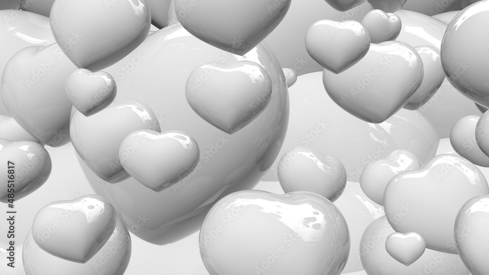 Big and small white shinny hearts scattered in the air