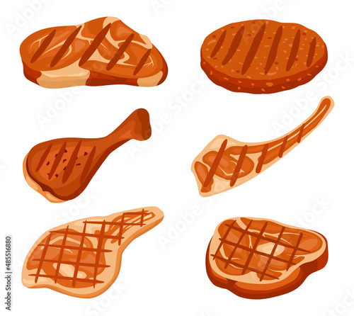 Cartoon grilled meat, cooked steak, rib and burger patty with marks. Roasted food from bbq. Restaurant or steak house menu. Tasty fat pork and beef slices isolated on white vector set