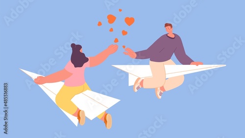 Woman man flying on paper plane. Fleeting infatuation, sympathy and falling in love. People fly on diverse ways. Romantic relationships is end vector concept