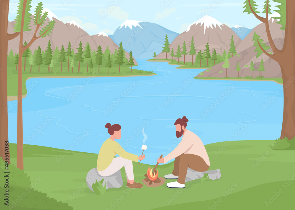 Naklejka premium Lake vacation flat color vector illustration. Family-friendly area for retreat. Couple roasting marshmallows on sticks 2D simple cartoon characters with wilderness mountains and spruces on background