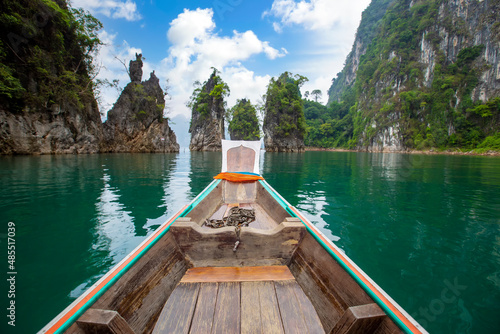 beautiful view 
Rock mountain lake and lake from long tail boat in Ratchaprapa dam , Khoa sok national park , Surat thani ,Thailand photo