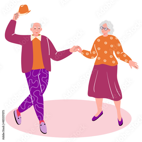 Happy pensioners dance with their friends and have fun in a good mood. senior dancers. Vector flat portrait of old cute loving couples. Character illustration in cartoon style. Healthy lifestyle
