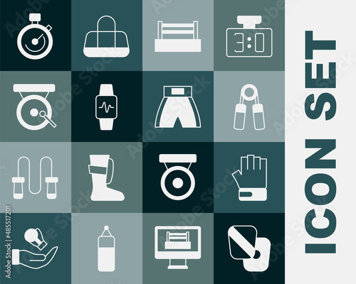 Set Boxing training paws, MMA glove, Sport expander, ring, Smart watch with heart, gong, Stopwatch and short icon. Vector