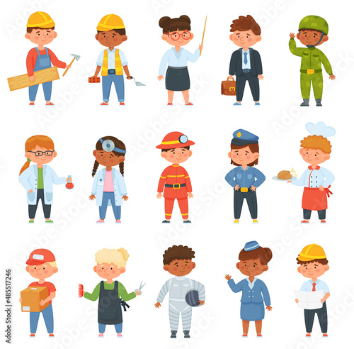 Kids in professional uniform. Children doing different job as builder, teacher, businessman, doctor and firefighter. Boys and girls choosing career. Characters employees isolated vector set