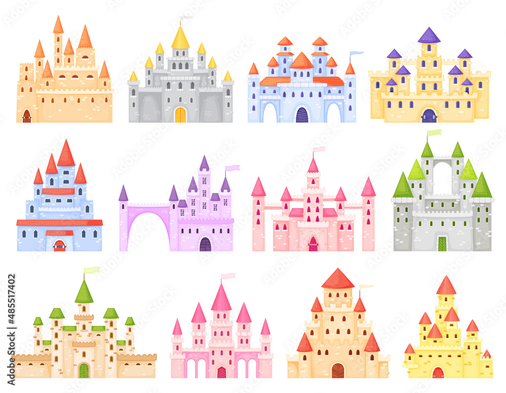 Fantasy cartoon medieval castles. Fairy tale royal kingdom with towers. Ancient dream building for king and queen. Fiction palace exterior for princess isolated vector set. Mysterious mansions