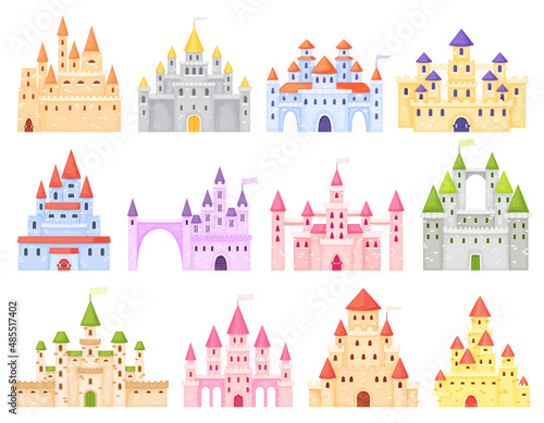 Fantasy cartoon medieval castles. Fairy tale royal kingdom with towers. Ancient dream building for king and queen. Fiction palace exterior for princess isolated vector set. Mysterious mansions