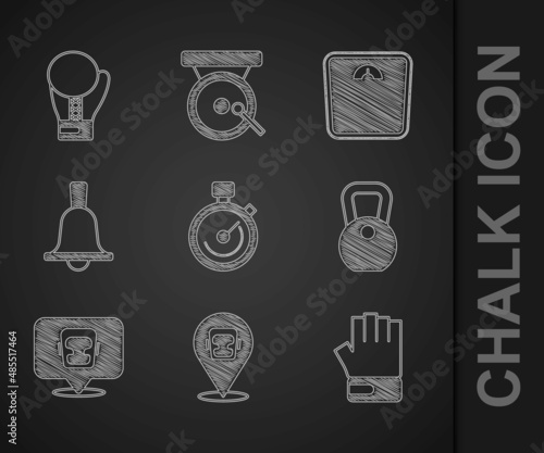 Set Stopwatch, Boxing helmet, MMA glove, Weight, bell, Bathroom scales and icon. Vector