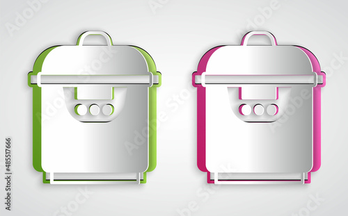 Paper cut Slow cooker icon isolated on grey background. Electric pan. Paper art style. Vector