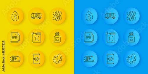 Set line Oil industrial factory building, Petrol gas station, Canister for gasoline, petrol test tube, drop with dollar, Atom and railway cistern icon. Vector