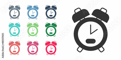 Black Alarm clock icon isolated on white background. Wake up, get up concept. Time sign. Set icons colorful. Vector