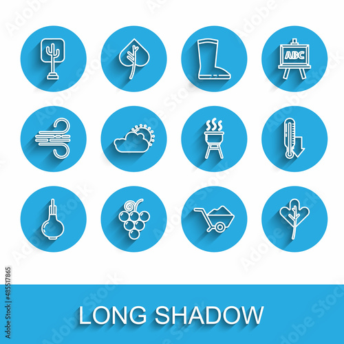 Set line Onion, Grape fruit, Tree, Wheelbarrow with dirt, Leaf or leaves, Sun and cloud weather, Meteorology thermometer and Barbecue grill icon. Vector