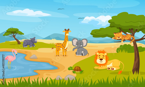 Cartoon wild animals in savannah. Outdoor environment, safari wildlife with pond for cute flamingo, giraffe, rhino and turtle. African beautiful flora and fauna vector illustration