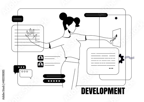 Woman designer working on ui ux design or mobile application. Design and programming banner, web landing page, advertisement. Studio or agency prototyping or coding web page or mobile app. Cms develop