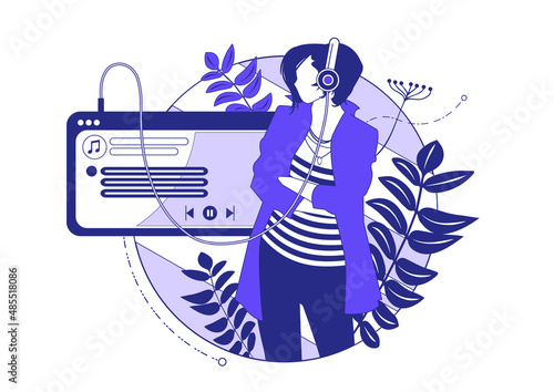 Young Girl Listen Sound Composition on Music Player or Mobile Phone Application. Female Character Wearing Headphones Enjoying Melodies and Relax. Vector Illustration