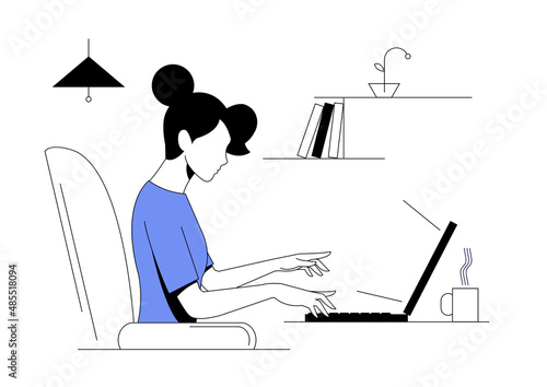 Business woman, manager or seo specialist work at home or office on laptop. Freelance work , project, website or social media promotion, advertisement, presentation, creating or writing content.