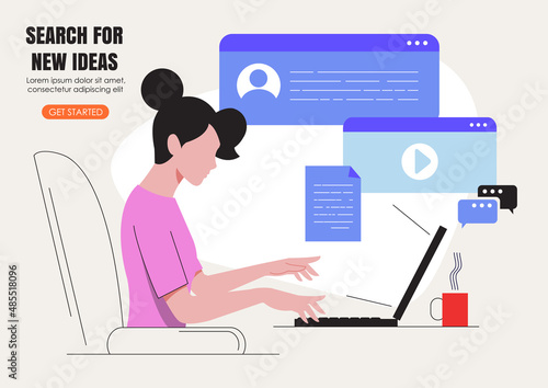 Business woman, manager or seo specialist work at home or office on laptop. Freelance work , project, website or social media promotion, advertisement, presentation, creating or writing content.