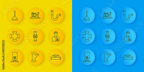 Set line Gas boiler with a burning fire, Industry metallic pipe, Water meter, and valve, Plumber, Rubber plunger, and Electric water pump icon. Vector