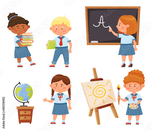 Children on first day of school. Pupils learning, girl writing on blackboard with chalk. Young characters painting on easel, studying geography with globe, holding books vector illustration