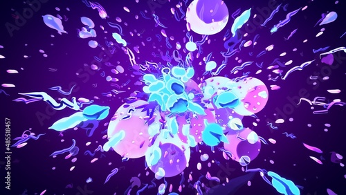 Purple pink abstract bubble ball cel animation background. Concept 3D illustration of spring and summer fresh hypnotic splash bubbles in manga style. Decorative colorful joy promo cartoon backplate. photo