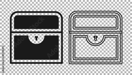 Black Antique treasure chest icon isolated on transparent background. Vintage wooden chest with golden coin. Vector