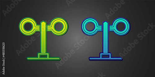 Green and blue Train traffic light icon isolated on black background. Traffic lights for the railway to regulate the movement of trains. Vector