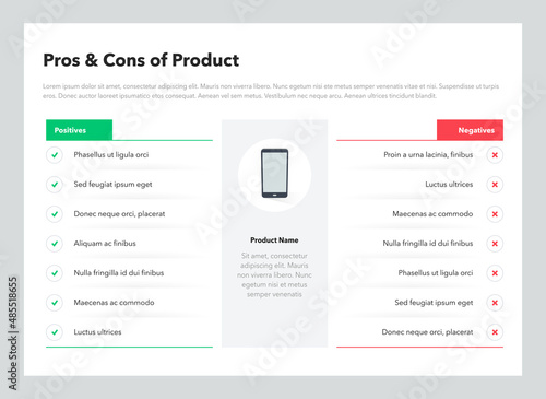 Pros and cons of product template with place for description. Flat infographic design template for website or presentation.
