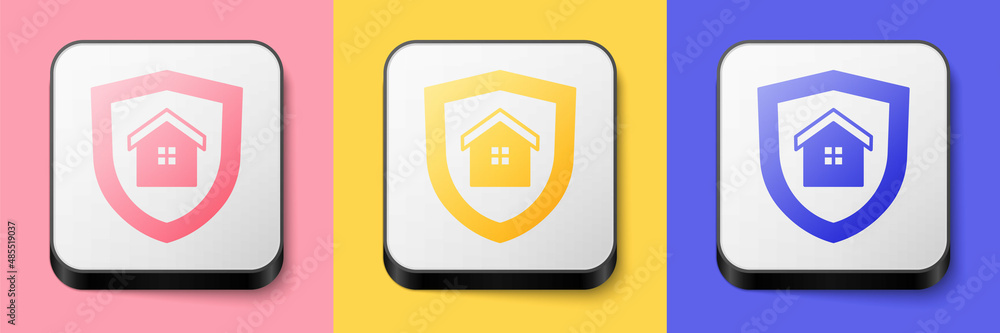 Isometric House with shield icon isolated on pink, yellow and blue background. Insurance concept. Security, safety, protection, protect concept. Square button. Vector Isometric House with shield icon isolated on pink, yellow and blue background. Insurance concept. Security, safety, protection, protect concept. Square button. Vector