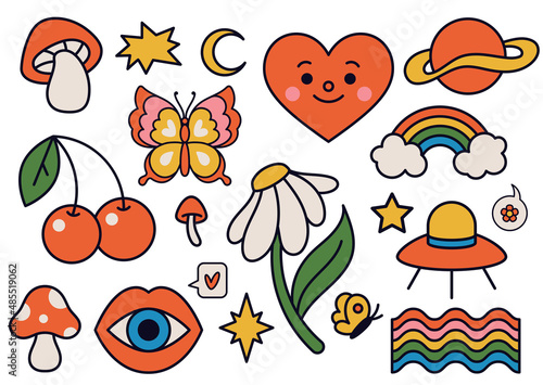 Cute funky hippy stickers. Retro 70s vibe, psychedelic groovy elements as mushroom, flower, rainbow and ufo spaceship. Cartoon vintage butterfly, cherry and heart isolated vector set