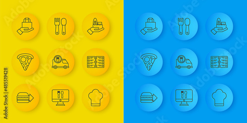 Set line Online ordering burger delivery, Slice of pizza, Fast by car, Chef hat, Restaurant cafe menu, and, and Fork spoon icon. Vector