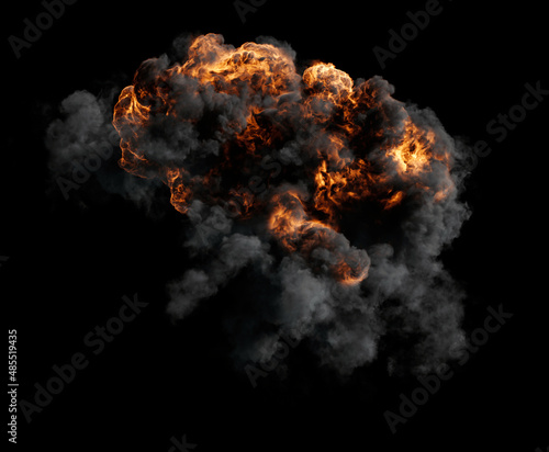 Bubbly Dense and Grey Smoke Cloud with lot of Orange Explosion parts on a black background