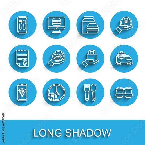 Set line Food ordering pizza, Round the clock delivery, Online and, Fork spoon, Coffee cup to go, Clock 24 hours, Fast by car and icon. Vector