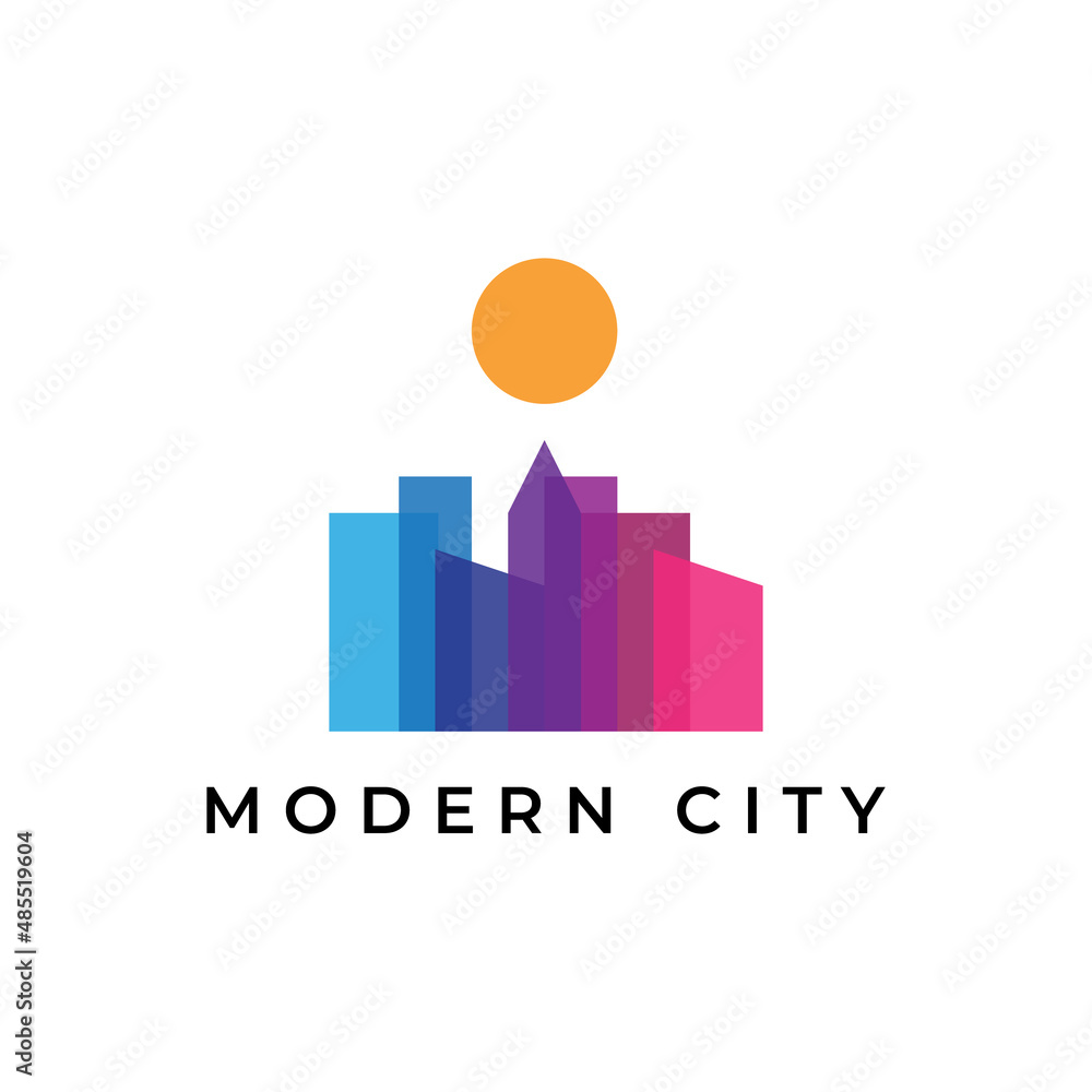 modern and simplicity city buildings with sun logo design